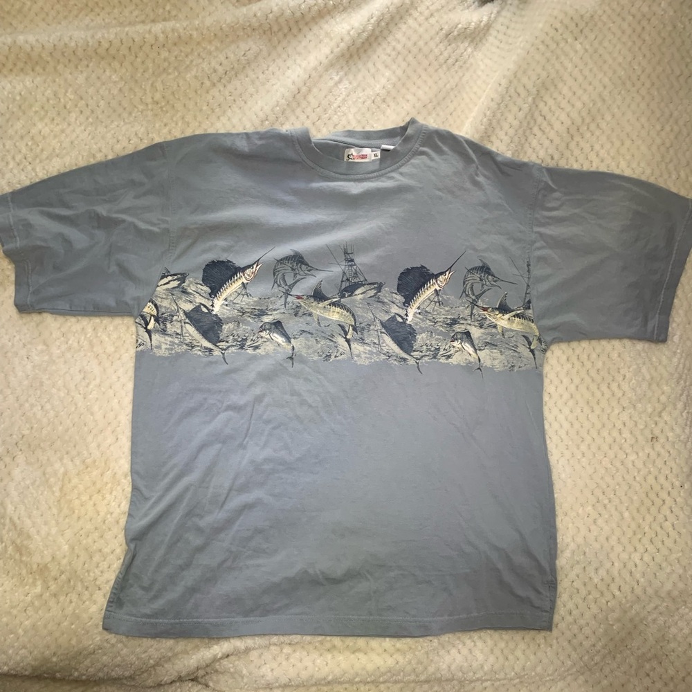 Gray and Blue Short Sleeve Tees with Graphic Designs